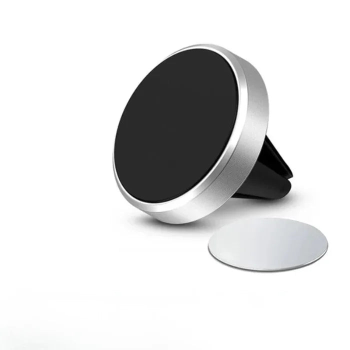 Magnetic air vent car phone holder with round black and silver design, shown with metal plate.