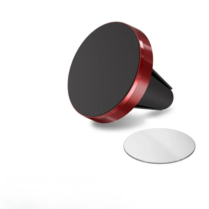 Magnetic air vent car phone holder with red trim and metal plate on white background