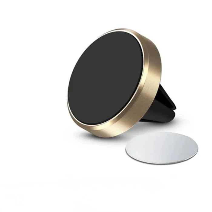 Magnetic air vent phone holder with gold trim and circular metal plate, on white background