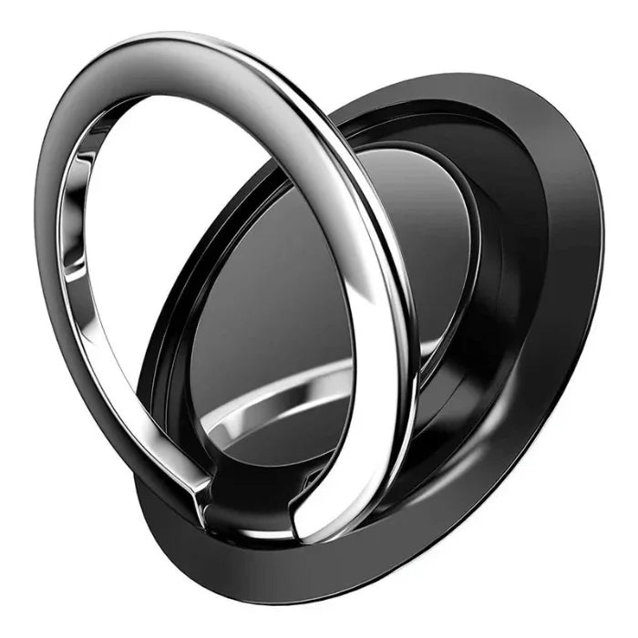 Black and silver finger ring phone holder for car dashboard or smartphone