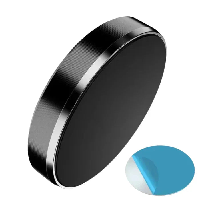 Magnetic car phone holder with black circular design and adhesive pad