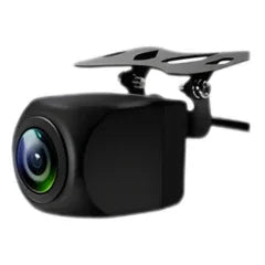 Compact car backup camera with wide-angle lens and mounting bracket on white background