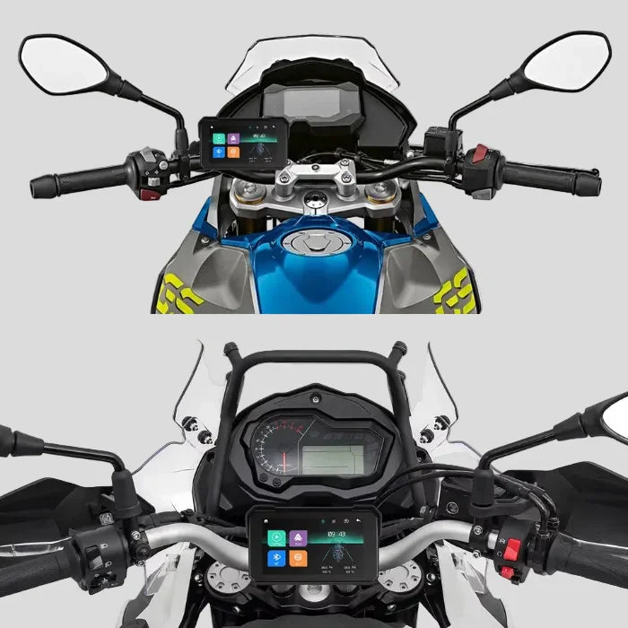Motorcycle rider using CarMind Moto Essentials navigation display