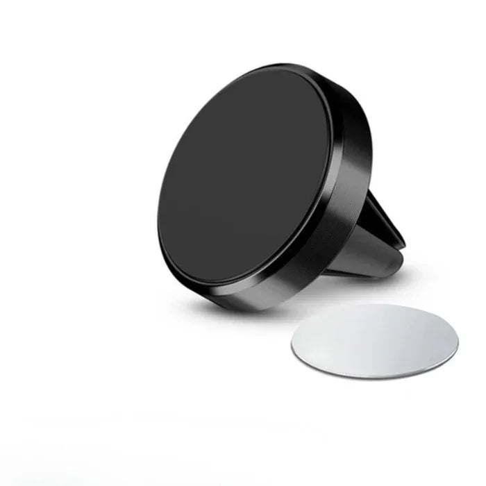 Magnetic car air vent phone holder with round metal plate on white background