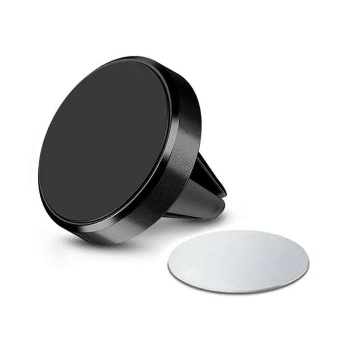 Magnetic car air vent phone holder with circular metal plate on white background