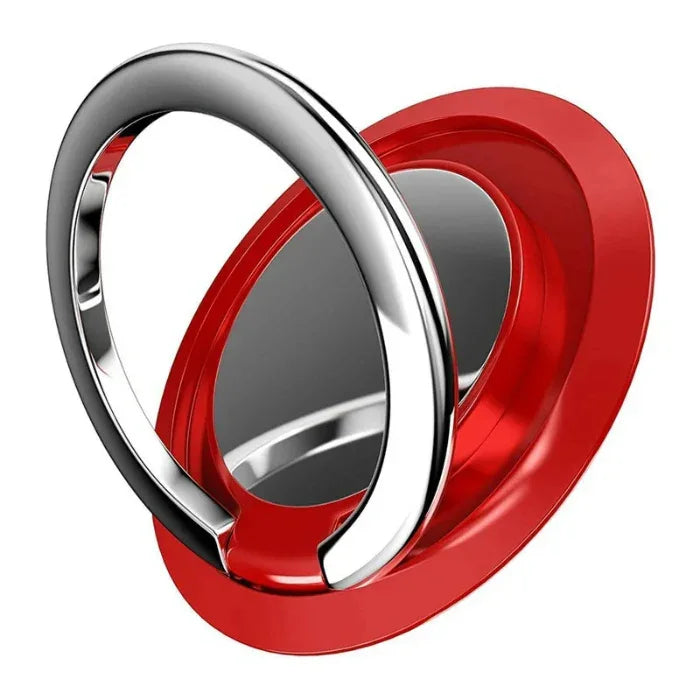 Red and silver finger ring phone holder with metallic finish, car accessory
