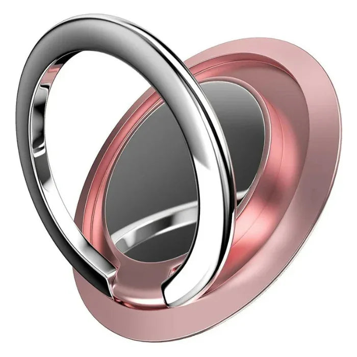 Rose gold finger ring phone holder with metallic finish, car accessory close-up
