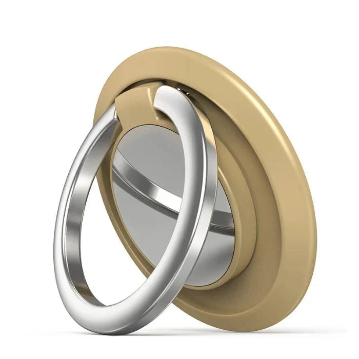 Gold round phone ring holder with metallic rotating finger grip on white background