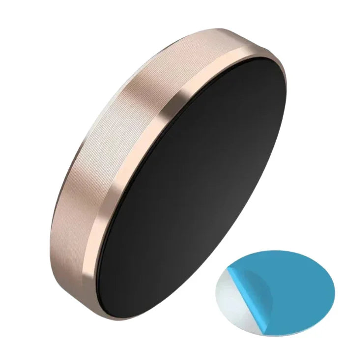 Magnetic phone holder with round black surface and gold edge, adhesive pad included