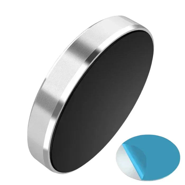 Magnetic car phone holder with black front and metallic edge, adhesive pad included
