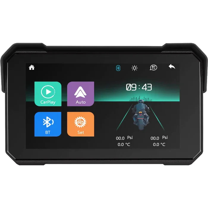 Smart car screen display with CarPlay, navigation, Bluetooth, and motorcycle dashboard interface