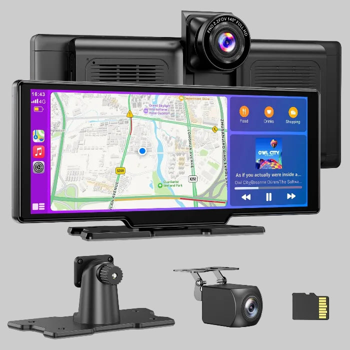 Car dashboard with navigation screen, front and rear cameras, and additional accessories on a white background
