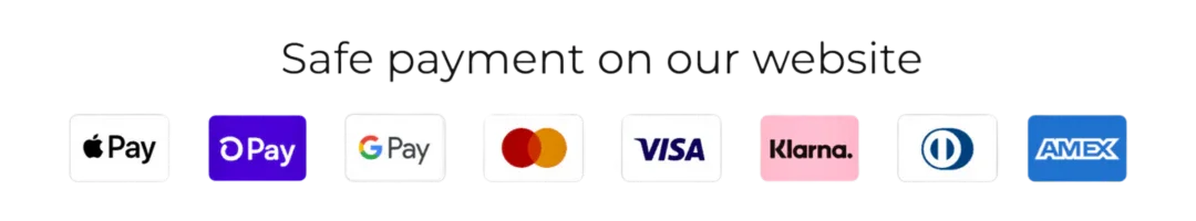 Payment method icons for Apple Pay, Google Pay, Mastercard, Visa, Klarna, and Amex on secure checkout